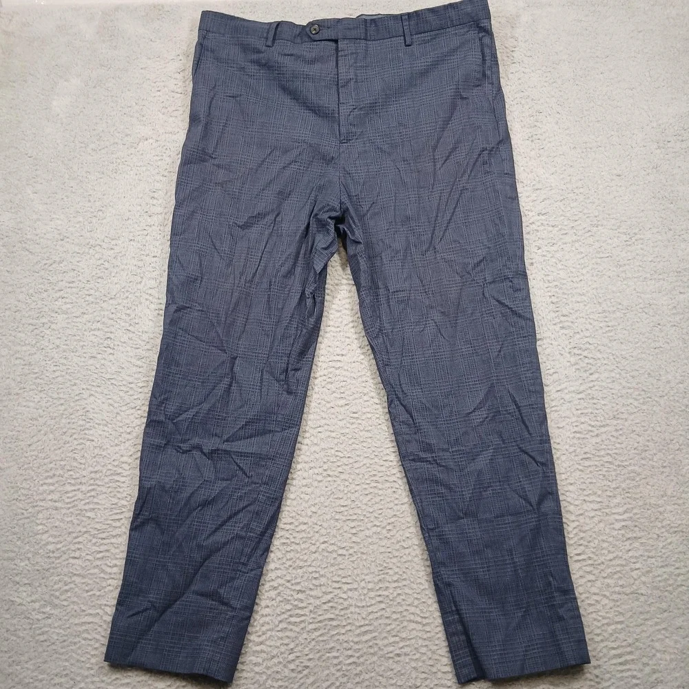 Saks Fifth Avenue Pants Mens 40 Blue Gray Plaid Slim‎ Fit Stretch Cotton Italy